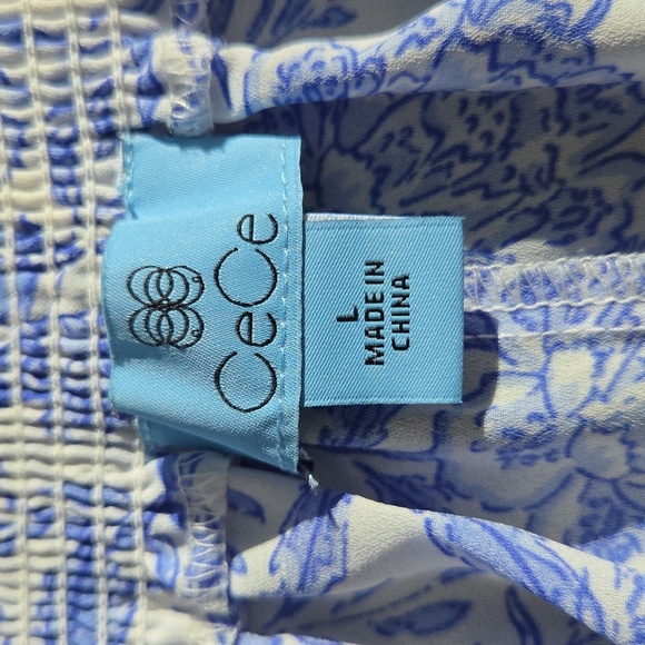 CeCe Floral Print Blouse in Blue and White - Picture 8 of 10